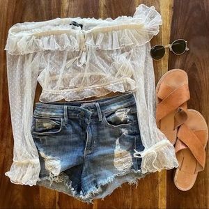 Kendall & Kylie Swiss Dot Off-The-Shoulder Sheer Crop Blouse